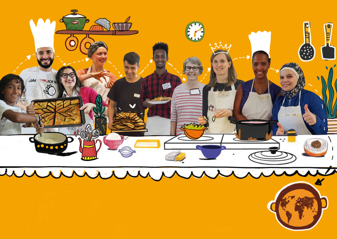 Über den Tellerrand Hamburg e. V., das Team in Kochschürzen im Comicstil